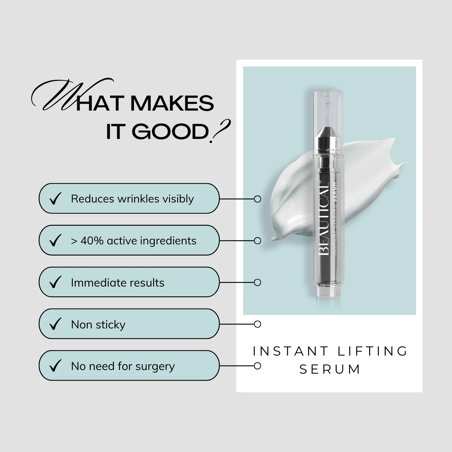 BEAUTICAL Instant Lifting Serum - Anti-Wrinkle, Lifting, Moisturizing - Face & Eye Contour - Hyaluronic Acid & Peptides - 15ml