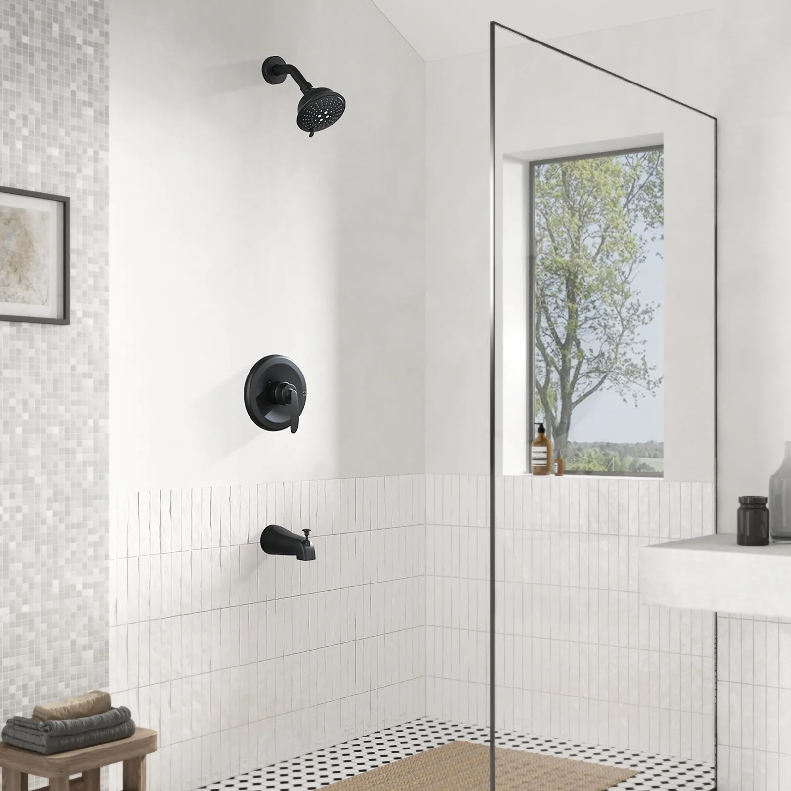PARLOS Shower System, Matte Black Shower Faucet Set with Tub Spout(Valve Included), 5-Setting Mode Shower Head and Tub Spout with Diverter, Multi-Function Wall Mounted Shower Bathtub Combo, 2.5GPM (1436904)