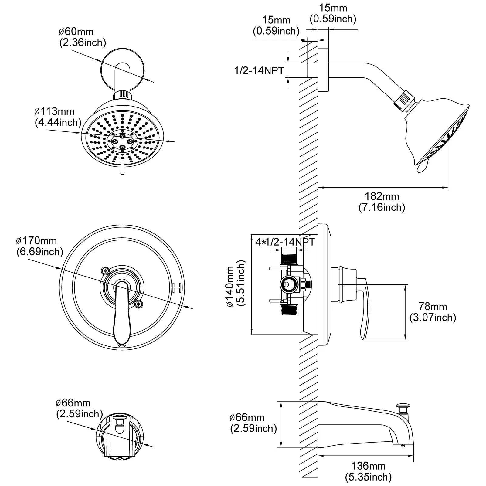 PARLOS Shower System, Matte Black Shower Faucet Set with Tub Spout(Valve Included), 5-Setting Mode Shower Head and Tub Spout with Diverter, Multi-Function Wall Mounted Shower Bathtub Combo, 2.5GPM (1436904)