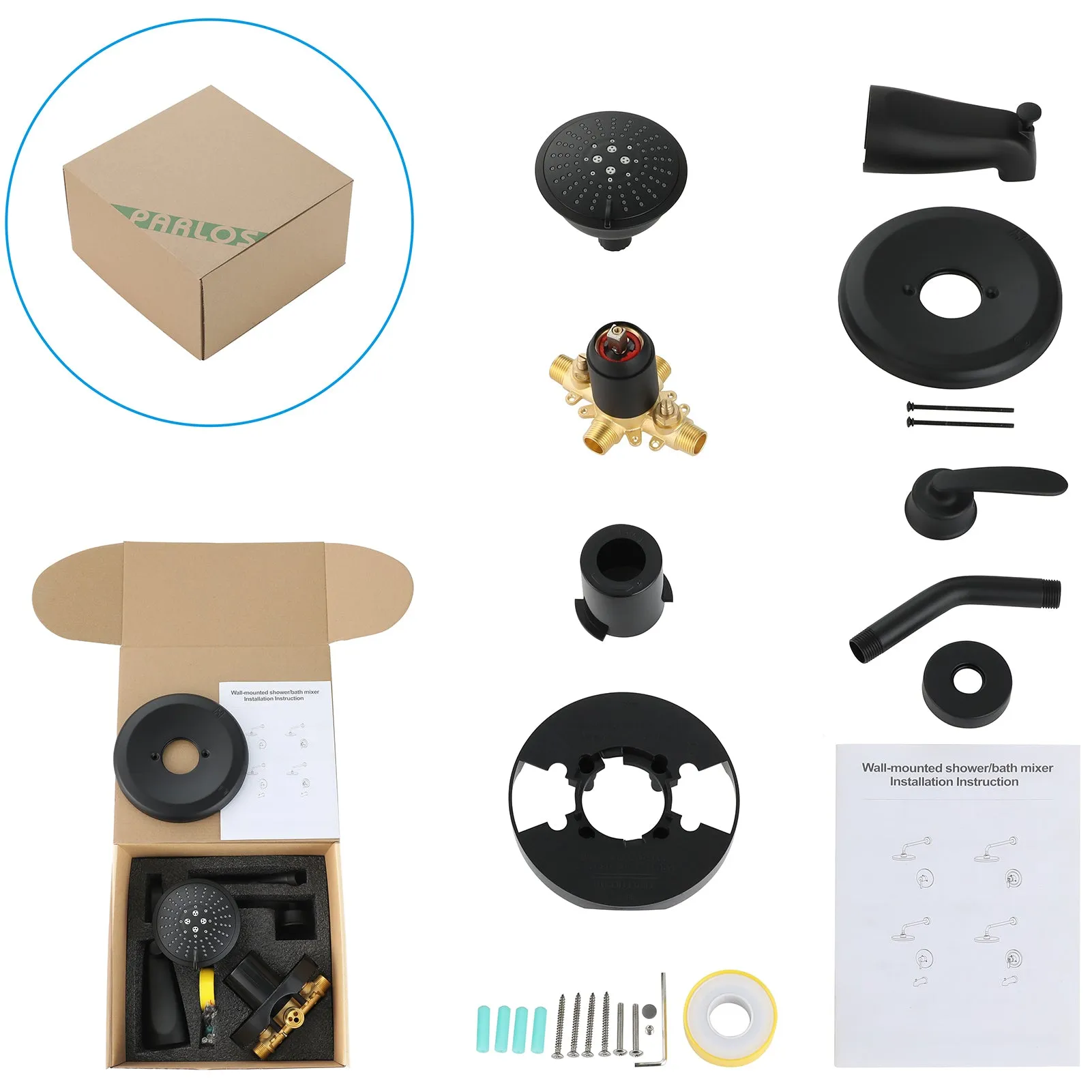 PARLOS Shower System, Matte Black Shower Faucet Set with Tub Spout(Valve Included), 5-Setting Mode Shower Head and Tub Spout with Diverter, Multi-Function Wall Mounted Shower Bathtub Combo, 2.5GPM (1436904)