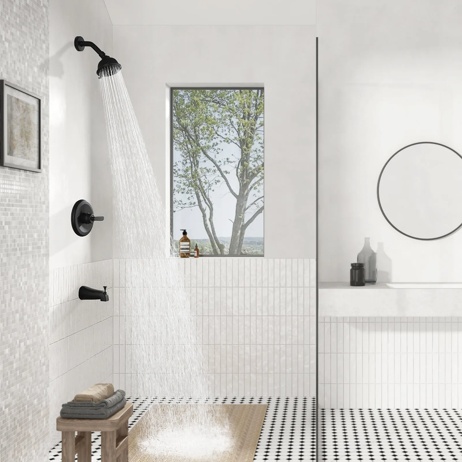 PARLOS Shower System, Matte Black Shower Faucet Set with Tub Spout(Valve Included), 5-Setting Mode Shower Head and Tub Spout with Diverter, Multi-Function Wall Mounted Shower Bathtub Combo, 2.5GPM (1436904)
